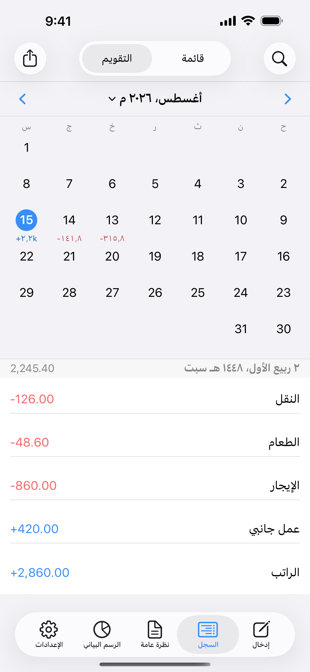 تقويم شهري يوضح الإجماليات اليومية وقائمة عمليات اليوم المحدد.