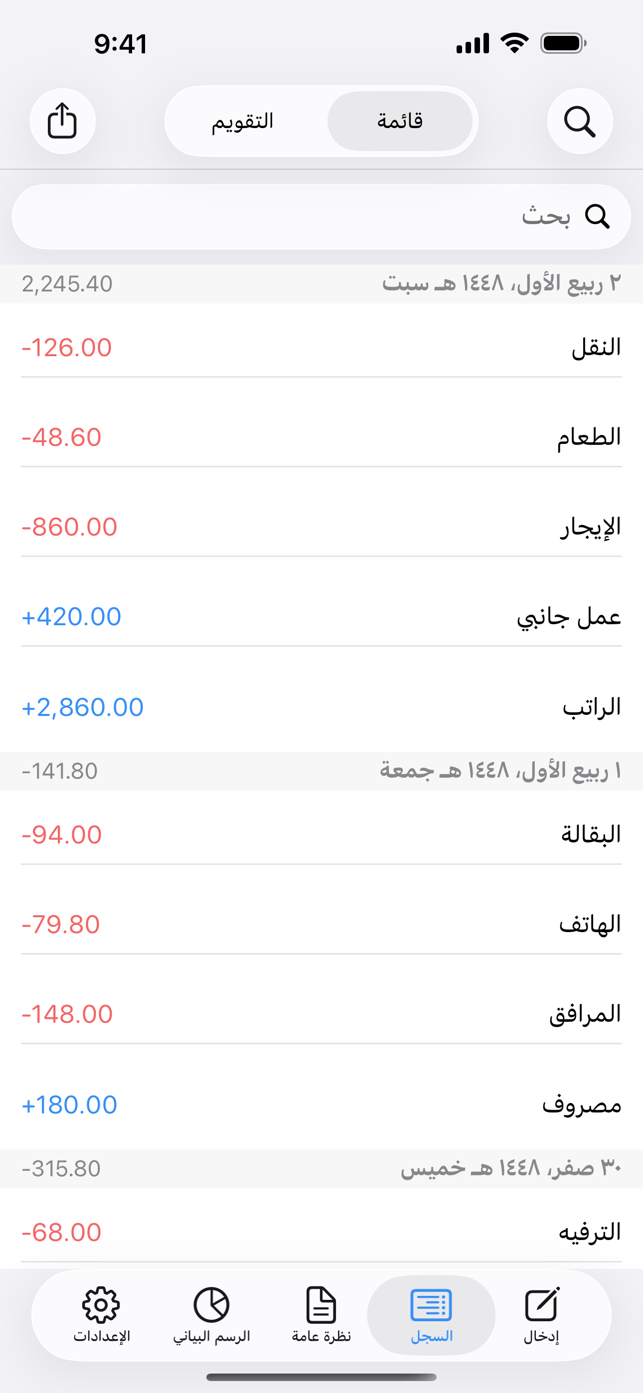 الدخل والمصروفات مرتبة حسب التاريخ، للمراجعة أو التعديل.