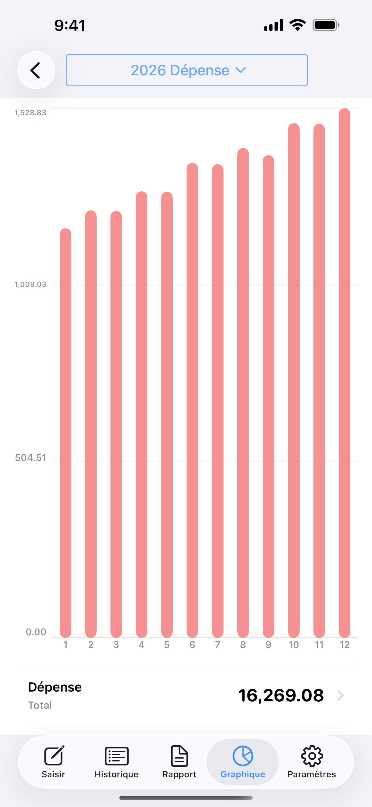 Histogramme comparant les dépenses mensuelles de janvier à décembre.