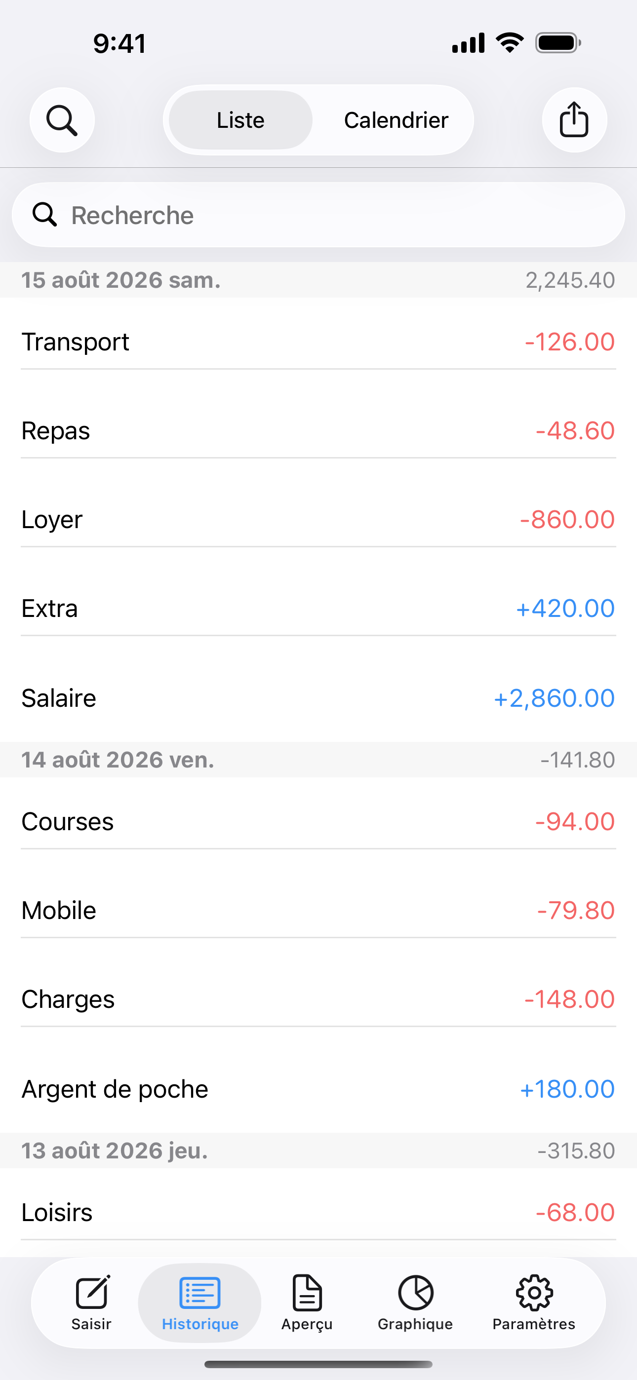 Revenus et dépenses classés par date, à consulter ou à modifier.