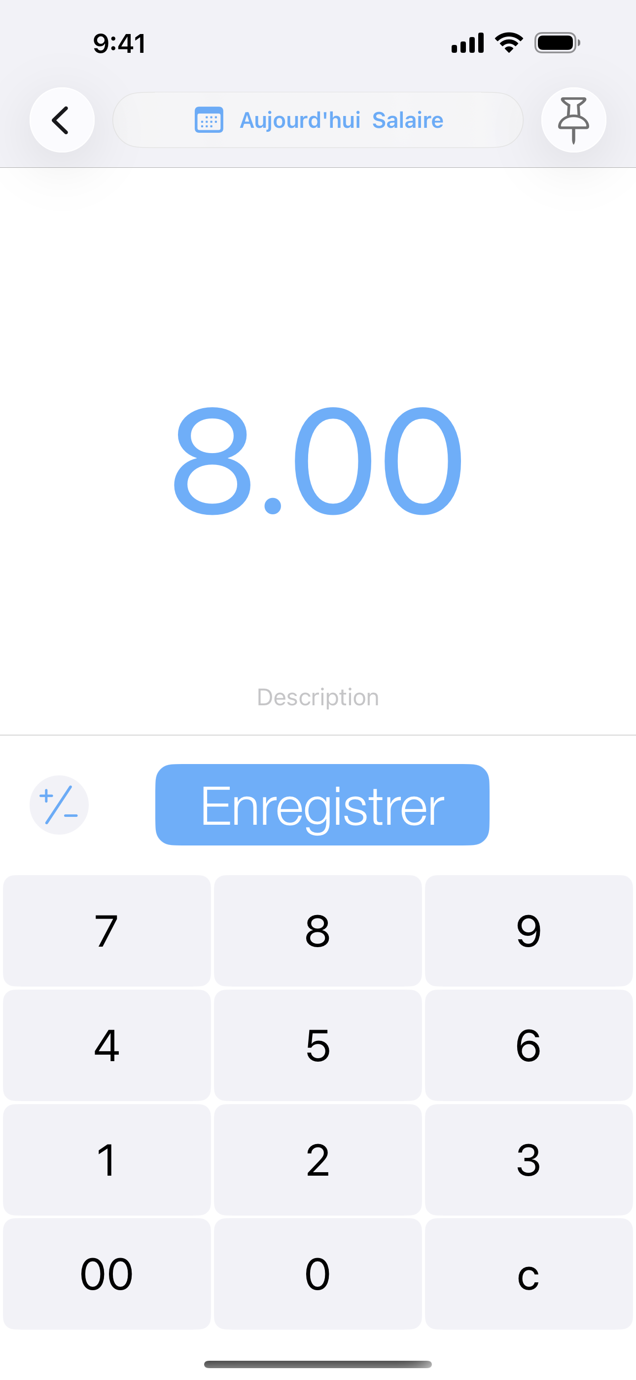 Écran de saisie simple avec un grand pavé numérique et un bouton d’enregistrement des dépenses.