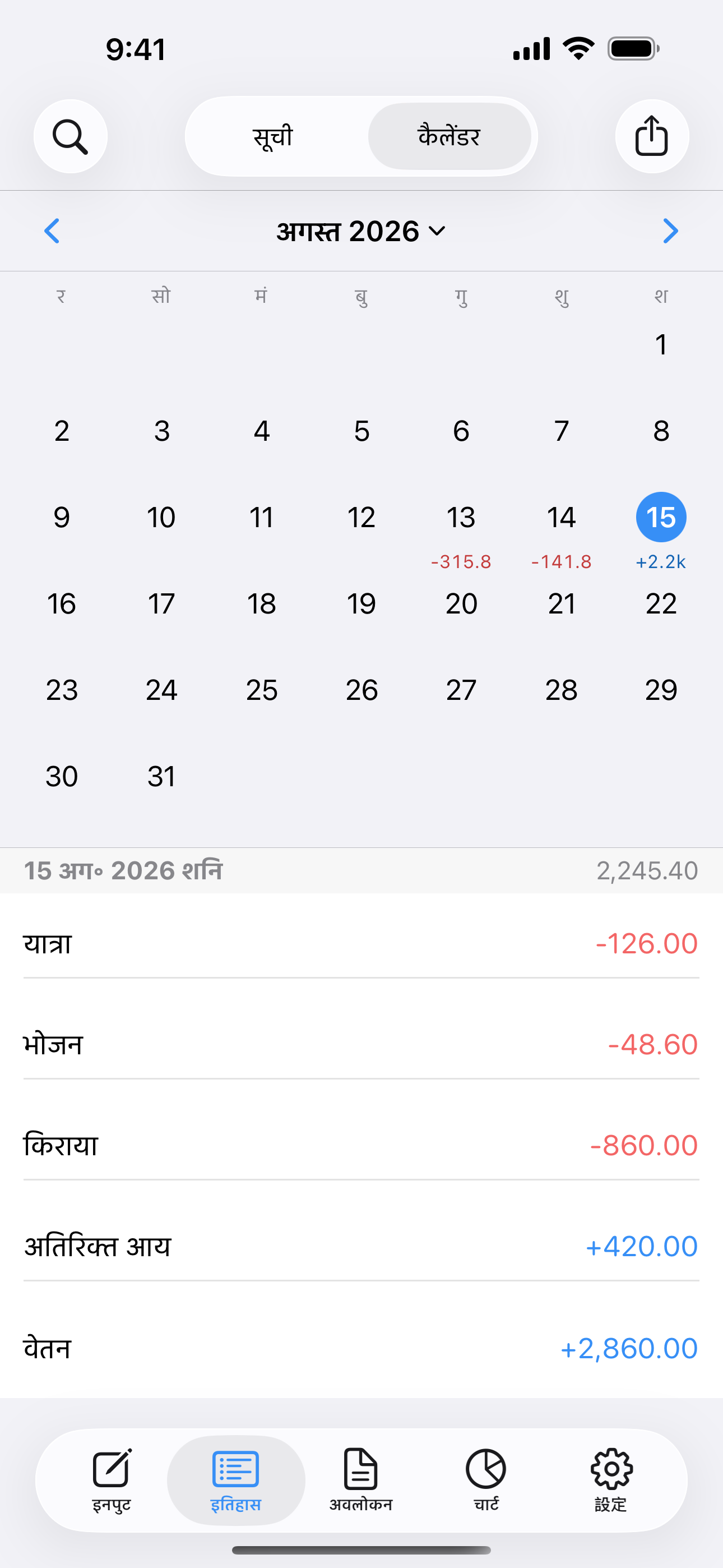 हर दिन के कुल और चुनी हुई तारीख़ की एंट्री वाला मासिक कैलेंडर।