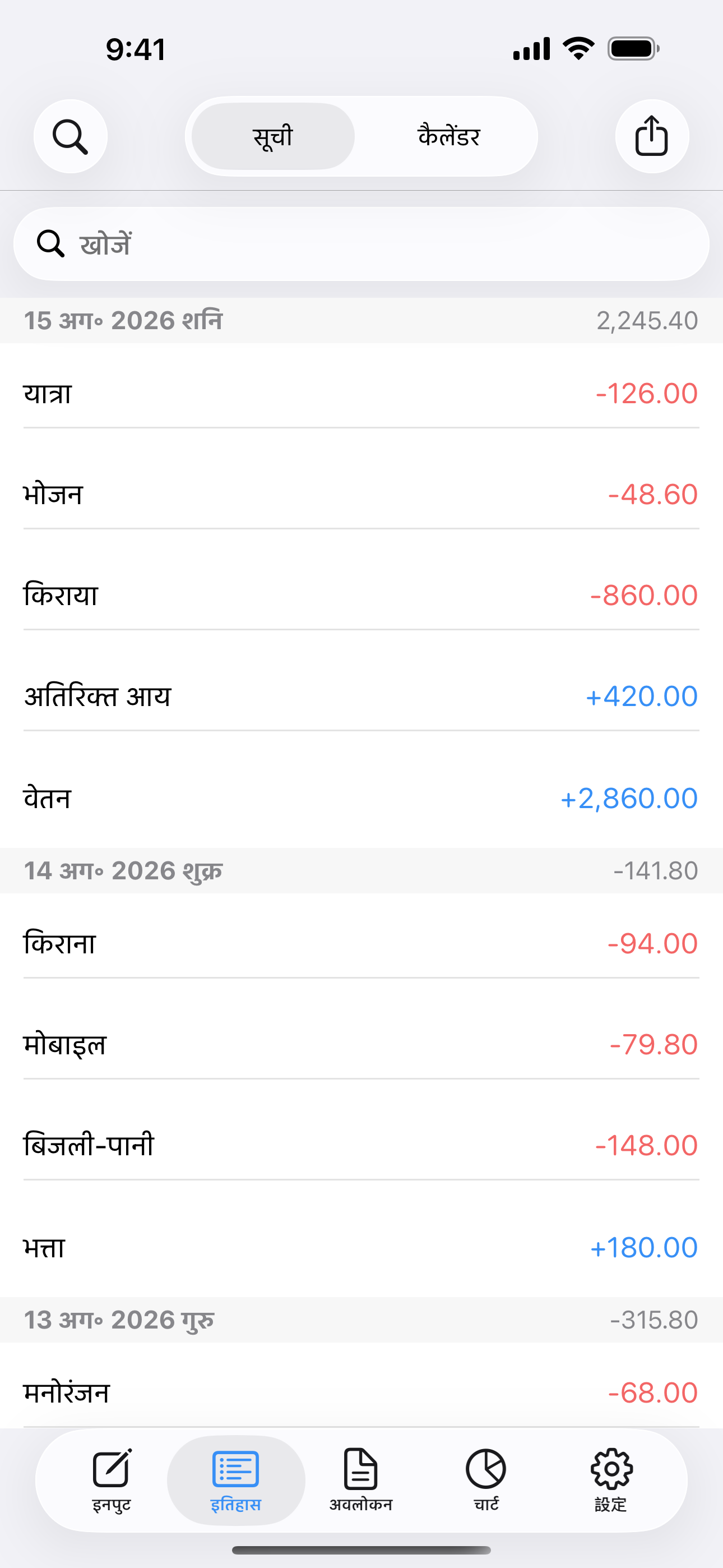 तारीख़ के क्रम में आय और खर्च की सूची, जिसे आप देख या बदल सकते हैं।