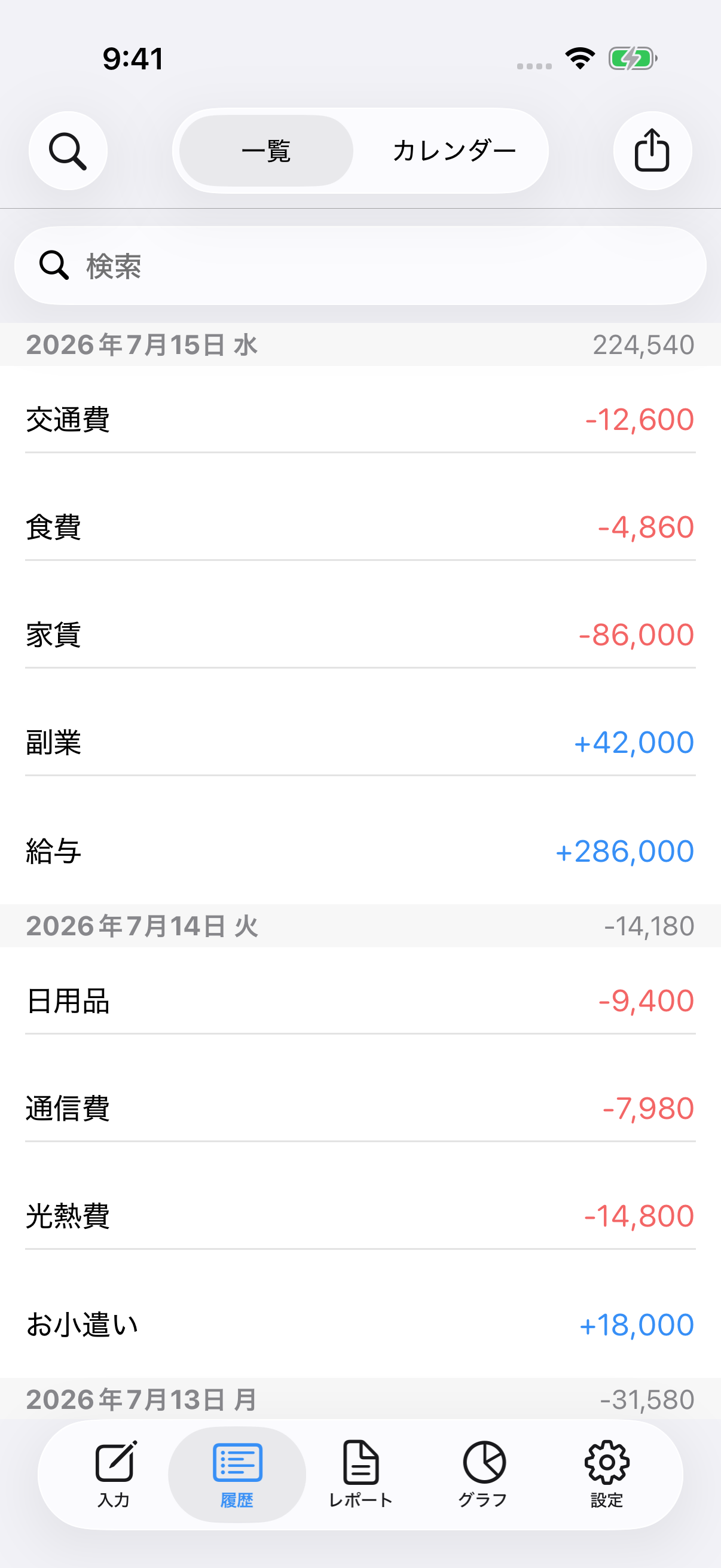 日付ごとに収入と支出が並ぶ履歴一覧。記録を選んで編集できる。