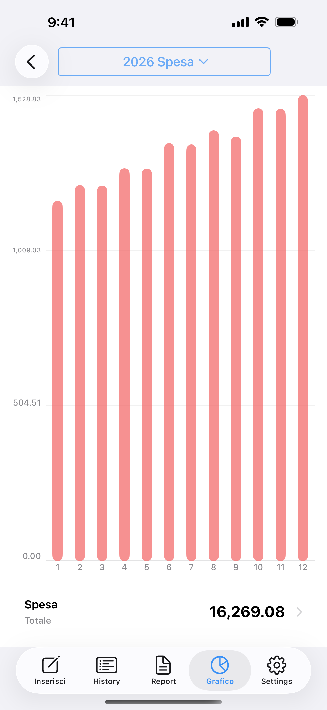 Grafico a barre che confronta le spese mensili da gennaio a dicembre.
