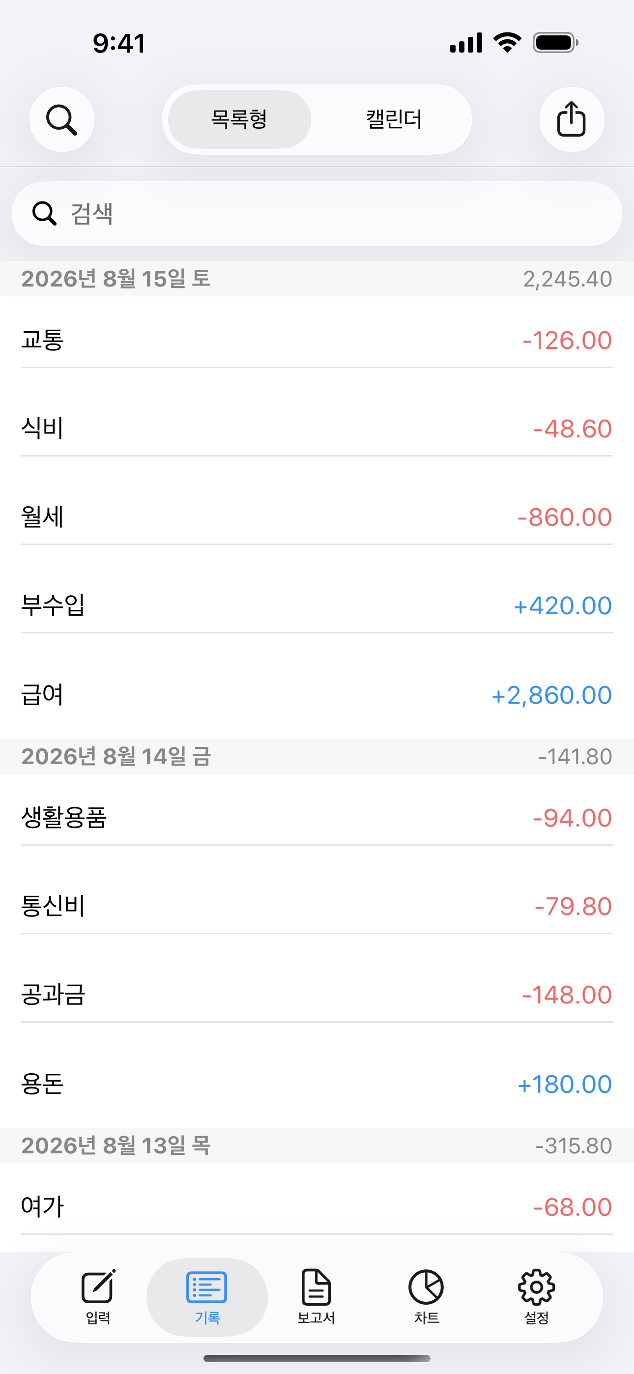 확인하고 수정할 수 있는 날짜별 수입·지출 목록.