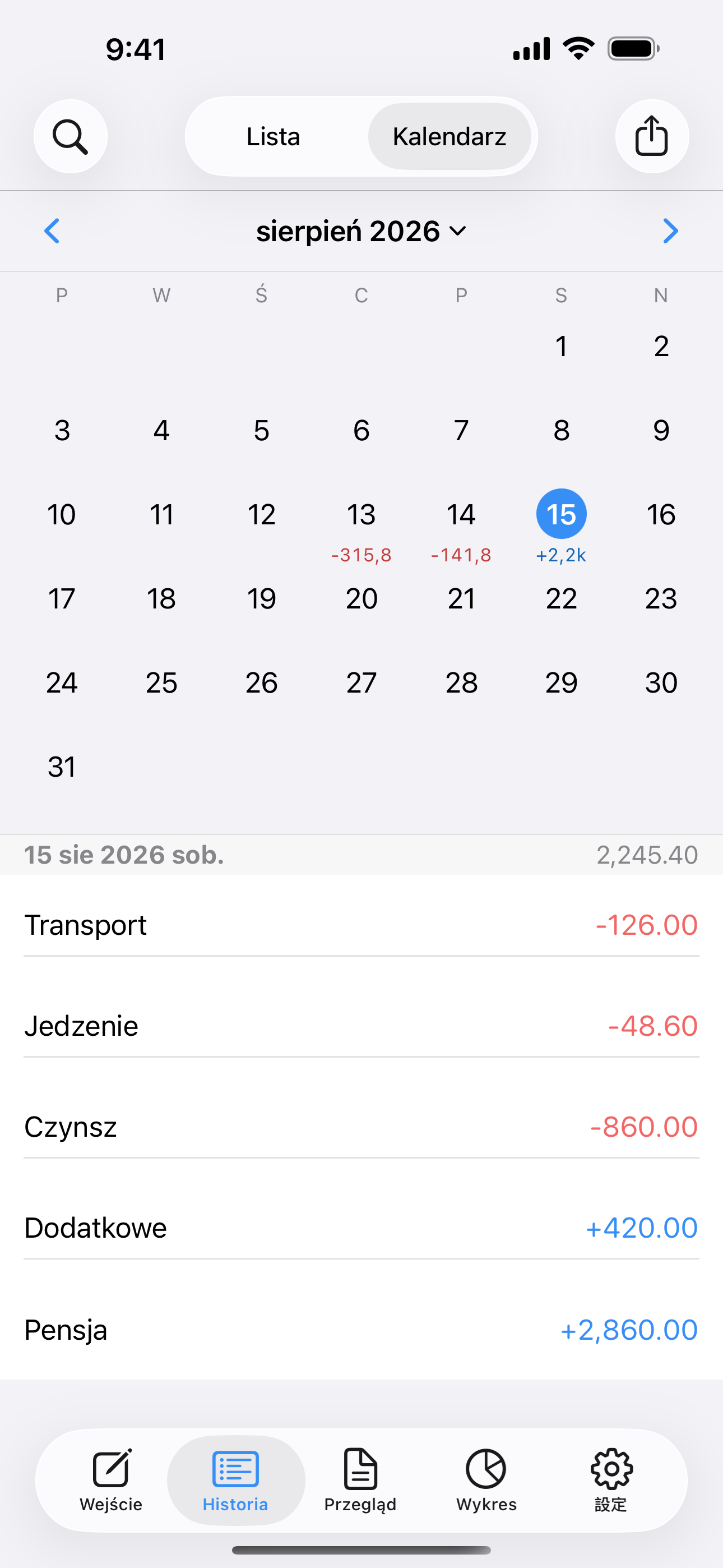 Kalendarz miesięczny z dziennymi sumami i wpisami z wybranego dnia.
