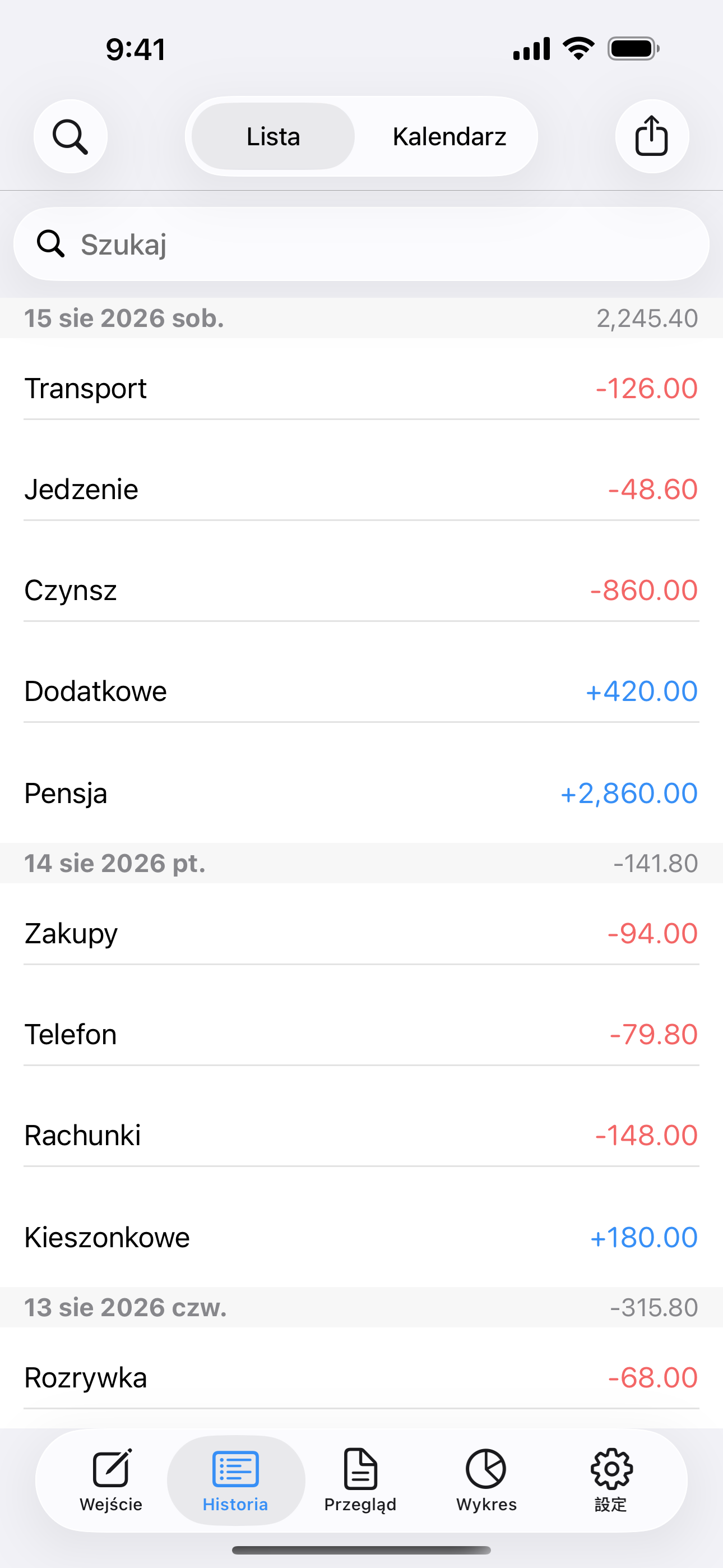 Przychody i wydatki według dat, gotowe do sprawdzenia lub edycji.