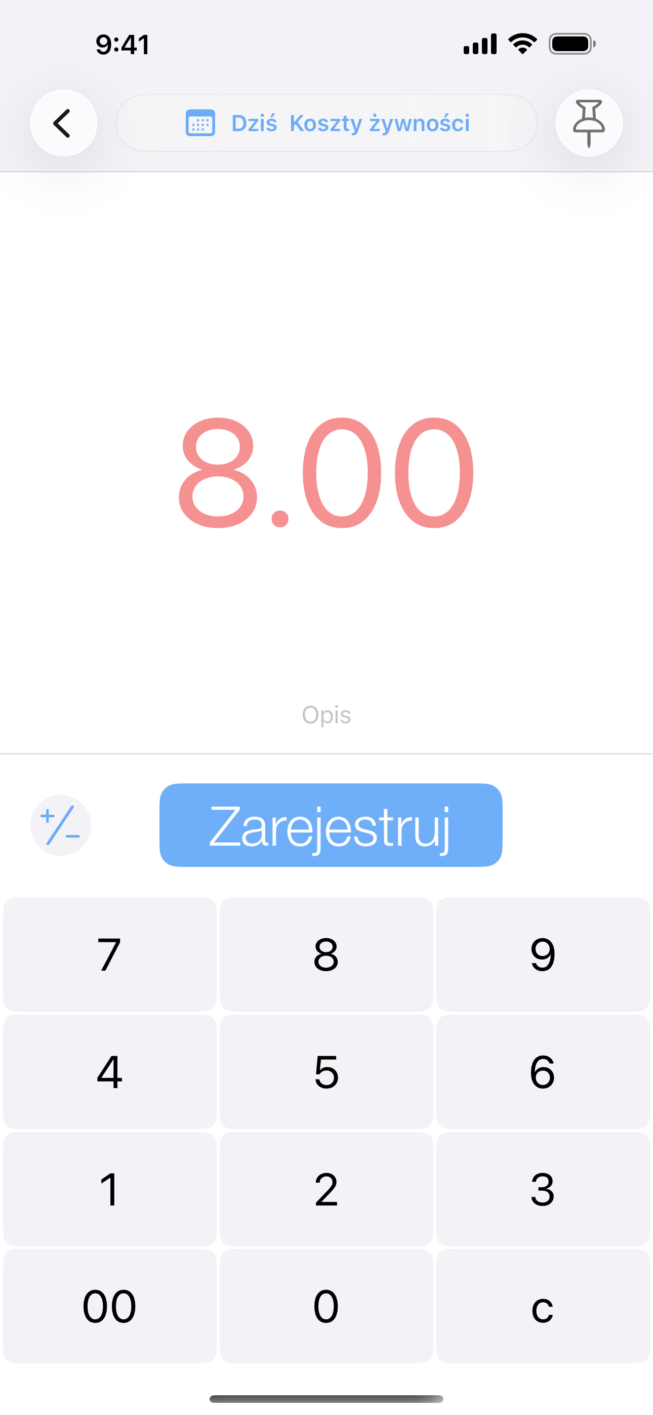 Prosty ekran wpisu z dużą klawiaturą numeryczną i przyciskiem zapisu wydatku.