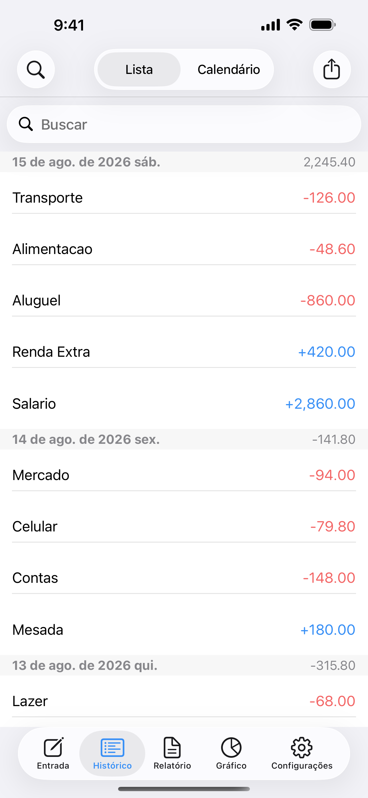 Receitas e despesas organizadas por data para consultar ou editar.