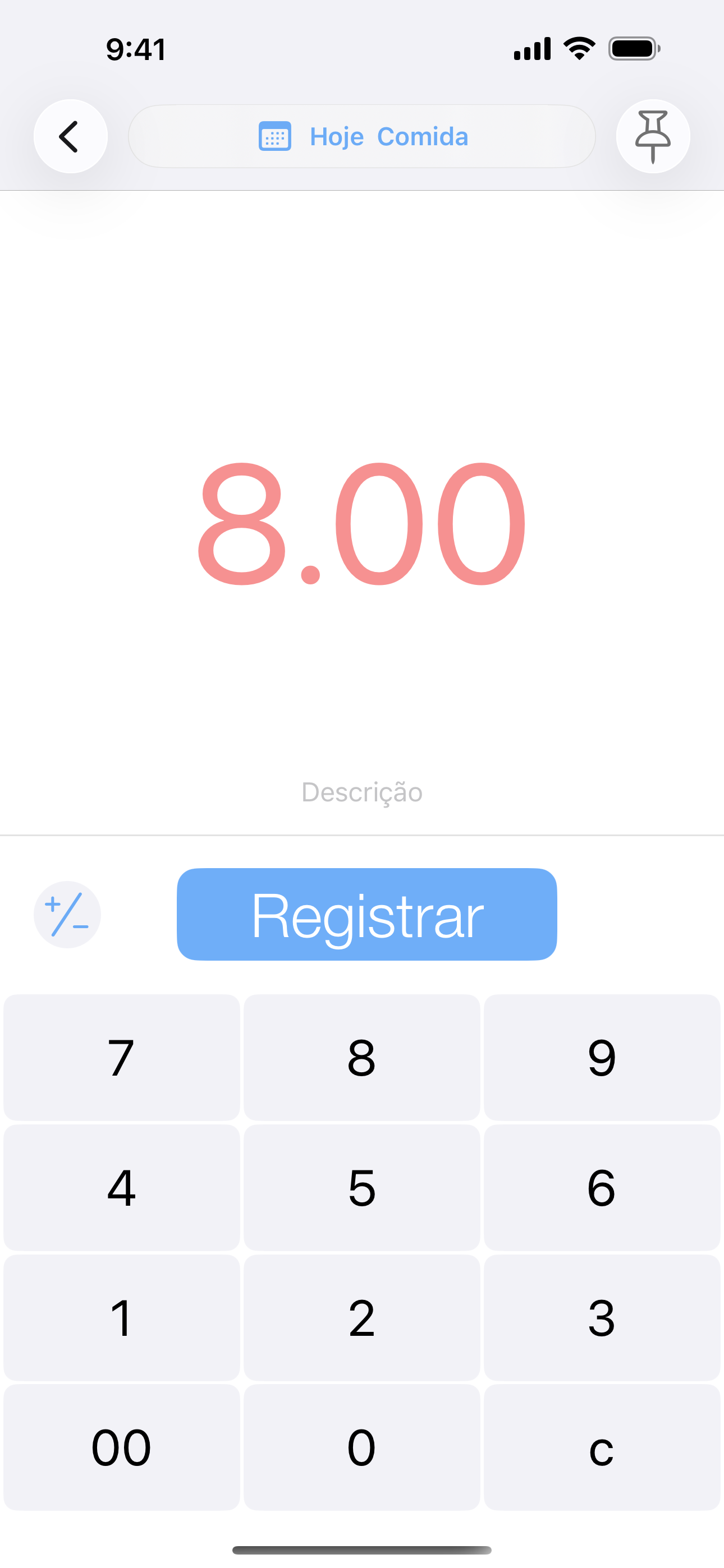 Tela simples de registro com teclado numérico grande e botão para salvar despesas.