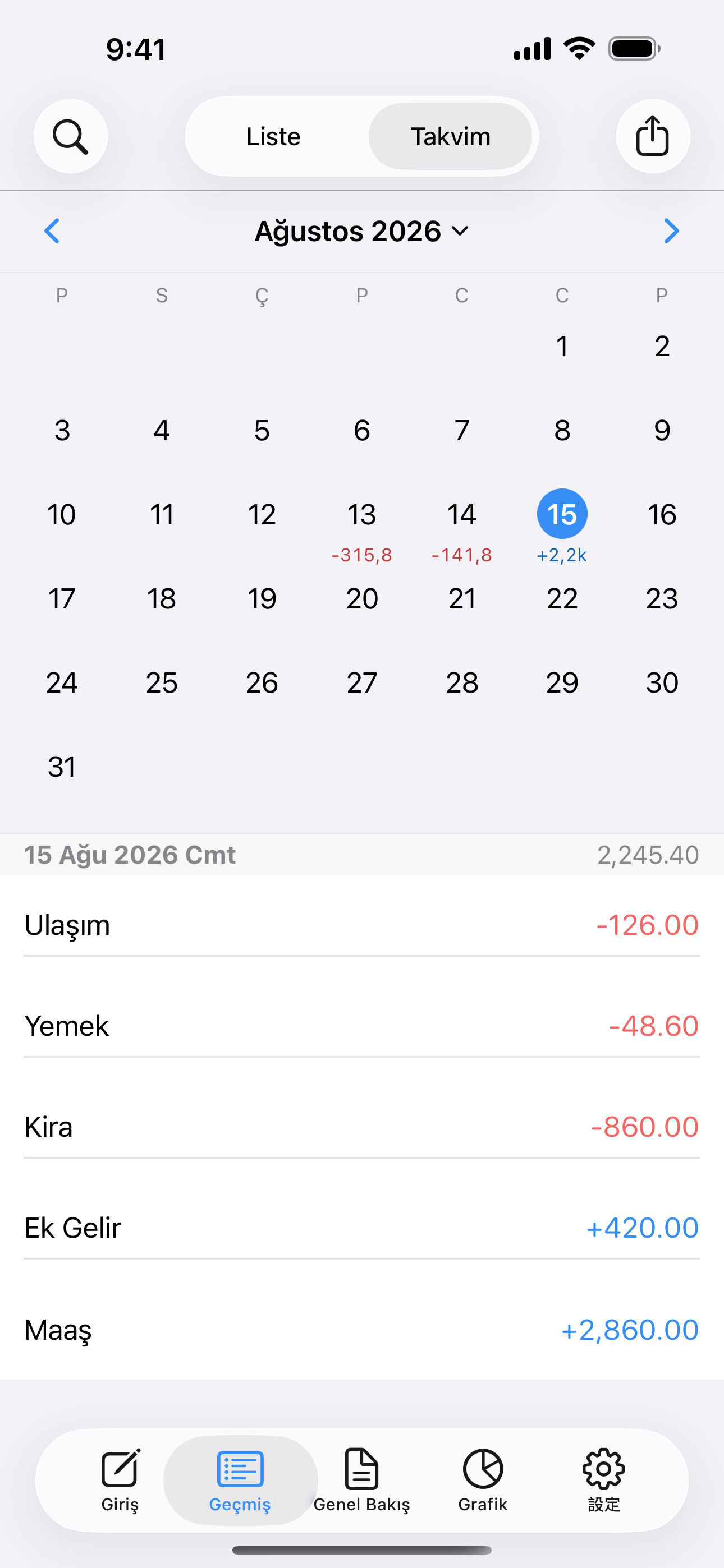 Günlük toplamları ve seçilen günün kayıtlarını gösteren aylık takvim.