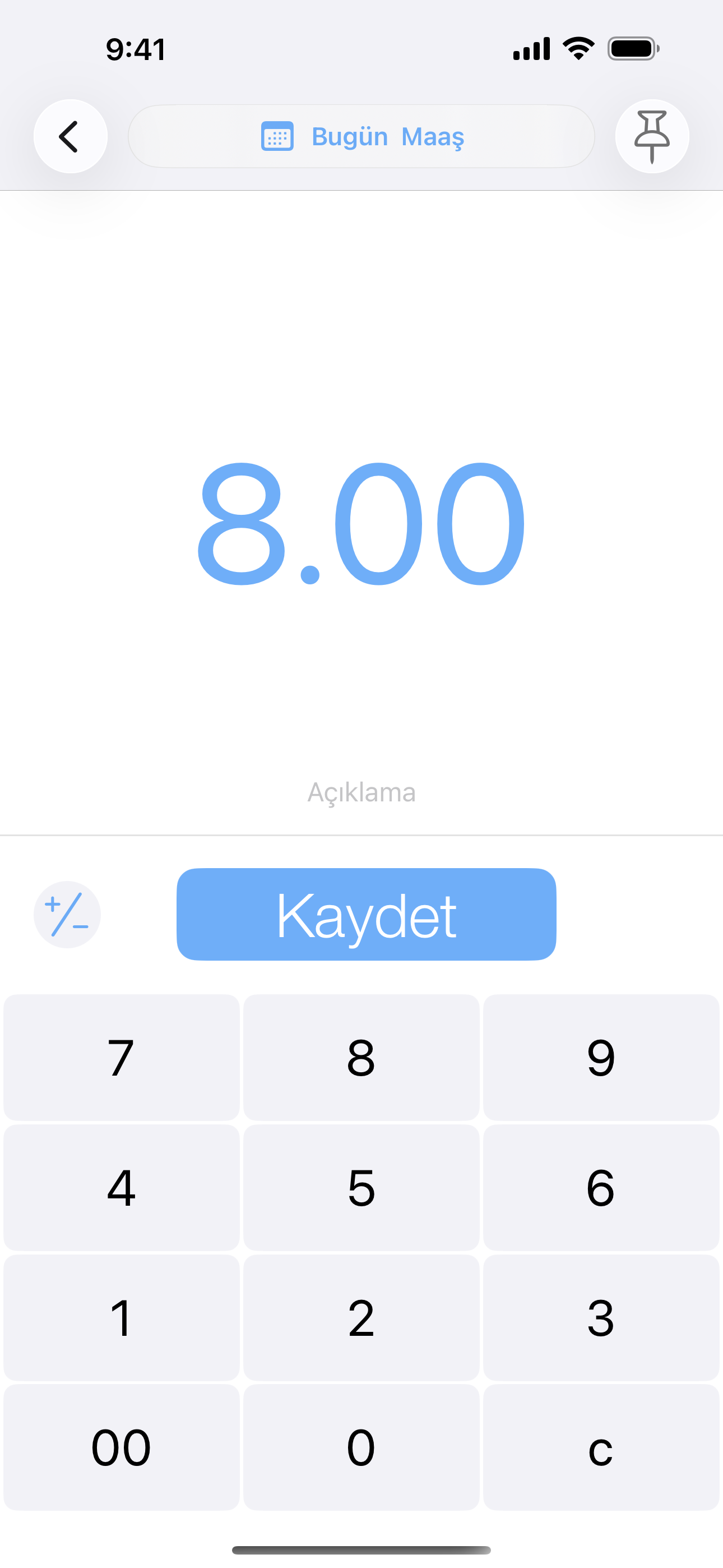 Büyük rakam tuşları ve harcama kaydetme düğmesi bulunan sade kayıt ekranı.