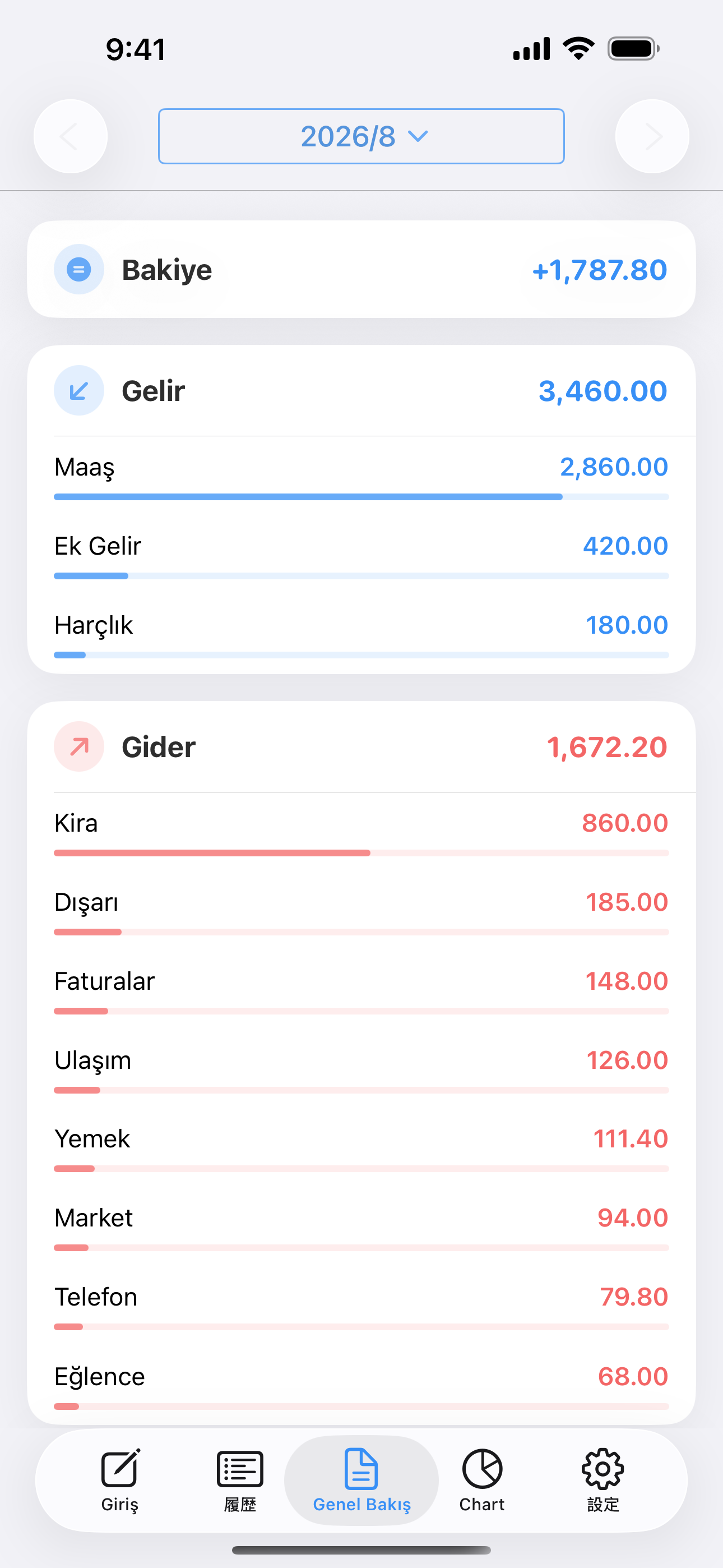Kategori toplamlarıyla birlikte gelir, gider ve bakiye özeti.