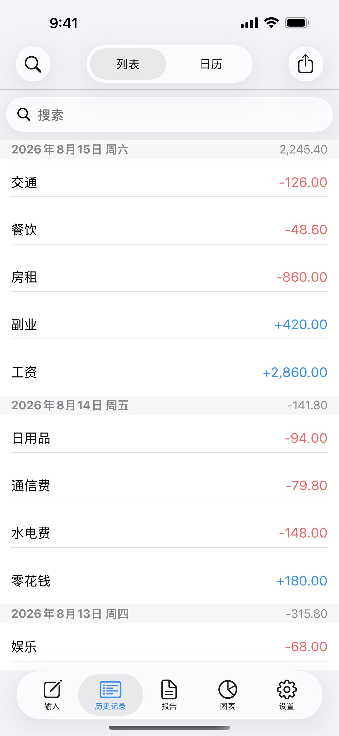 按日期排列的收支记录,可查看和编辑。